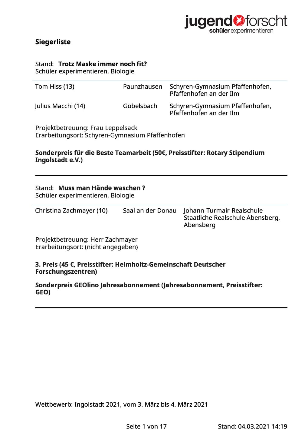 List of winners “Youth Research”