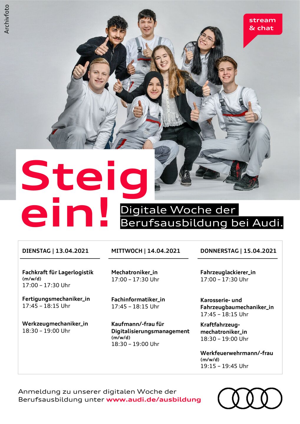 Dates for the digital week of apprenticeships at Audi Ingolstadt.