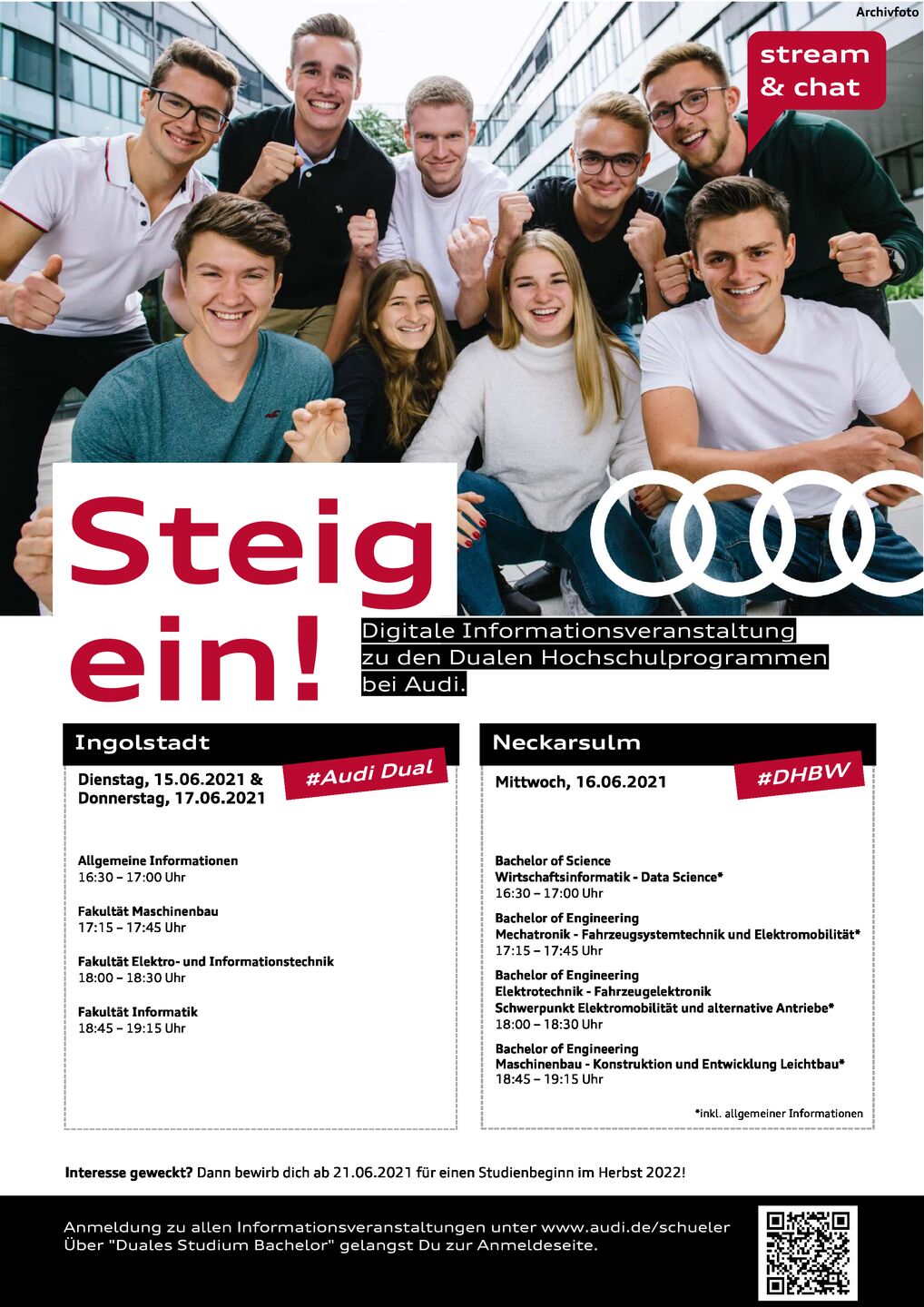Dates for the digital event at Audi in Ingolstadt and Neckarsulm.