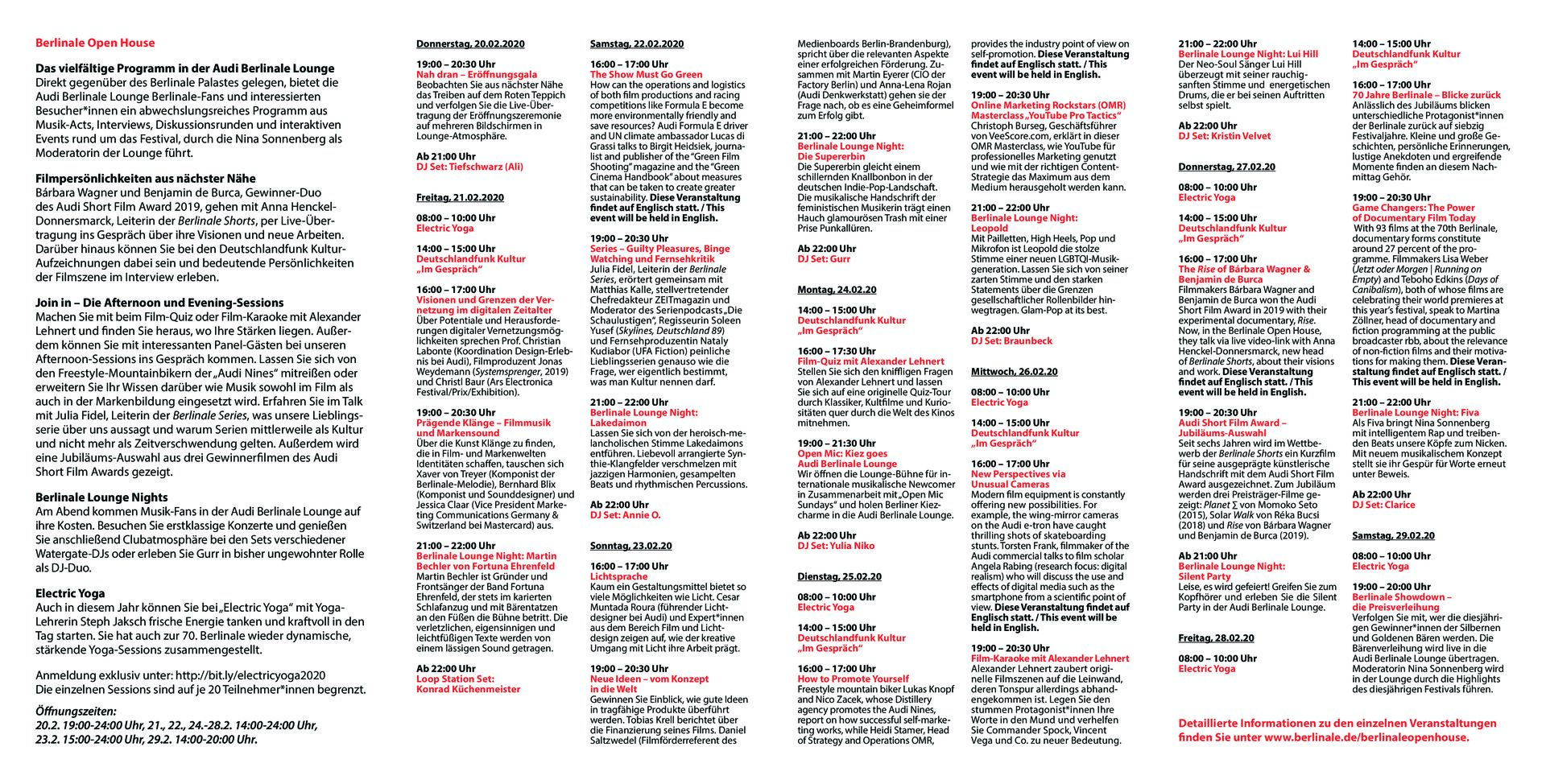 Programme Flyer Berlinale Open House in the Audi Berlinale Lounge