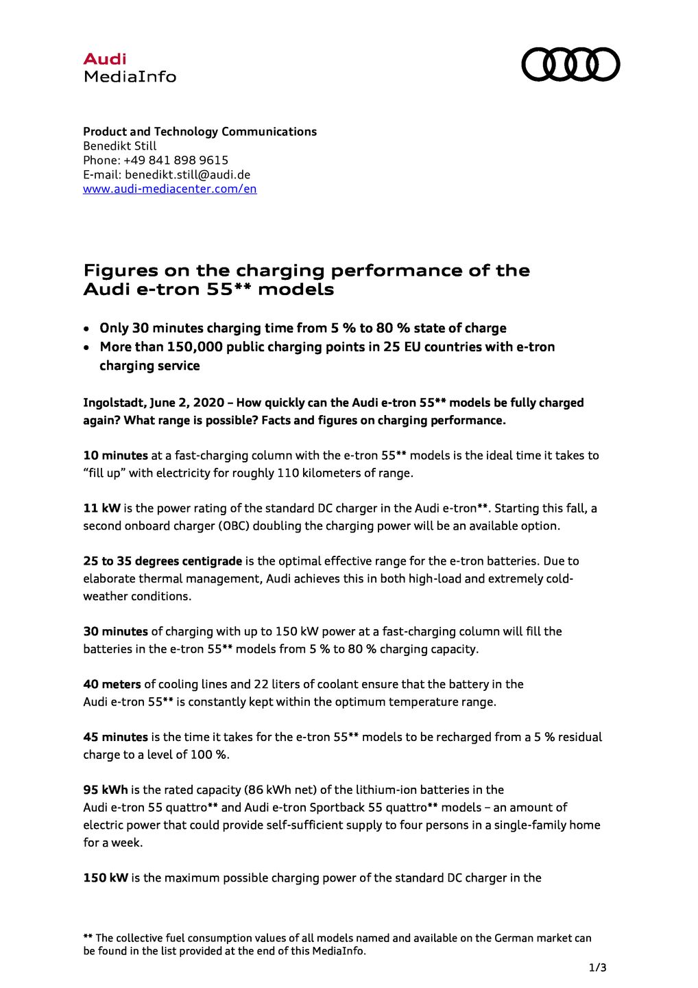 Figures on the charging performance of the  Audi e-tron 55** models