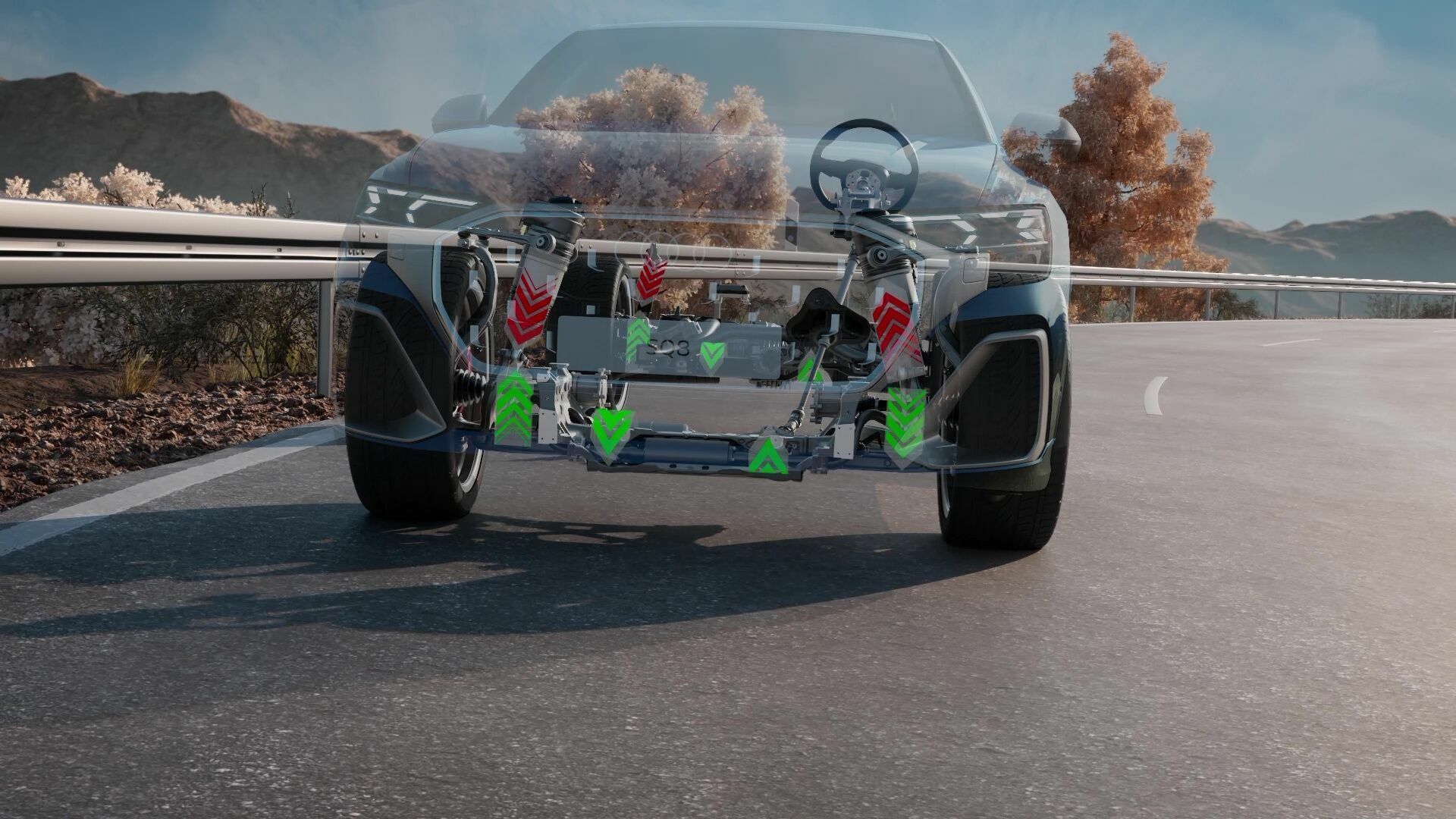 Animation: Audi SQ8 – Adaptive air suspension plus, eAWS, Sportdifferenzial und Allradlenkung